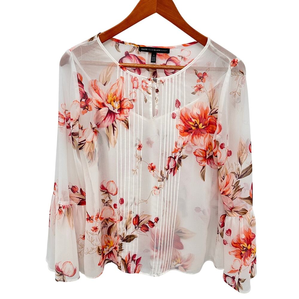 WHBM White House Black Market White Floral Bell Sleeve Blouse // 4